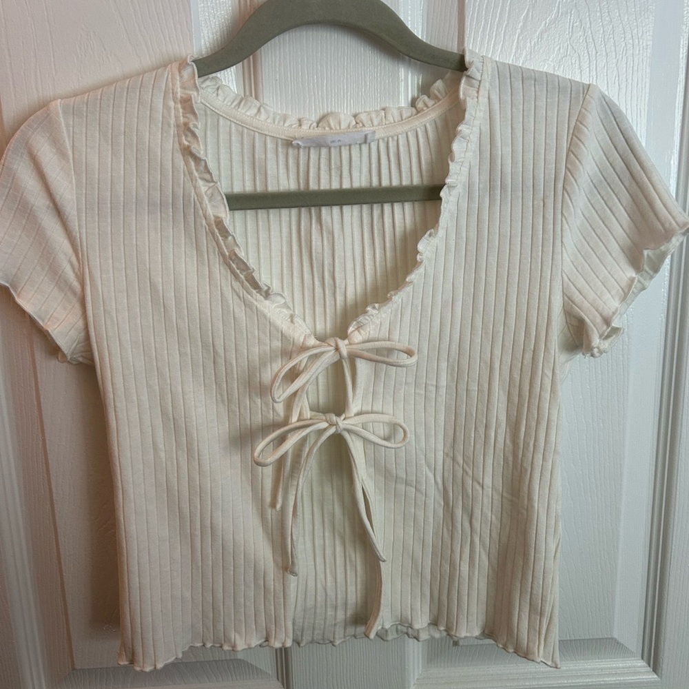 Elodie Cream Ribbed Tie-Front Top